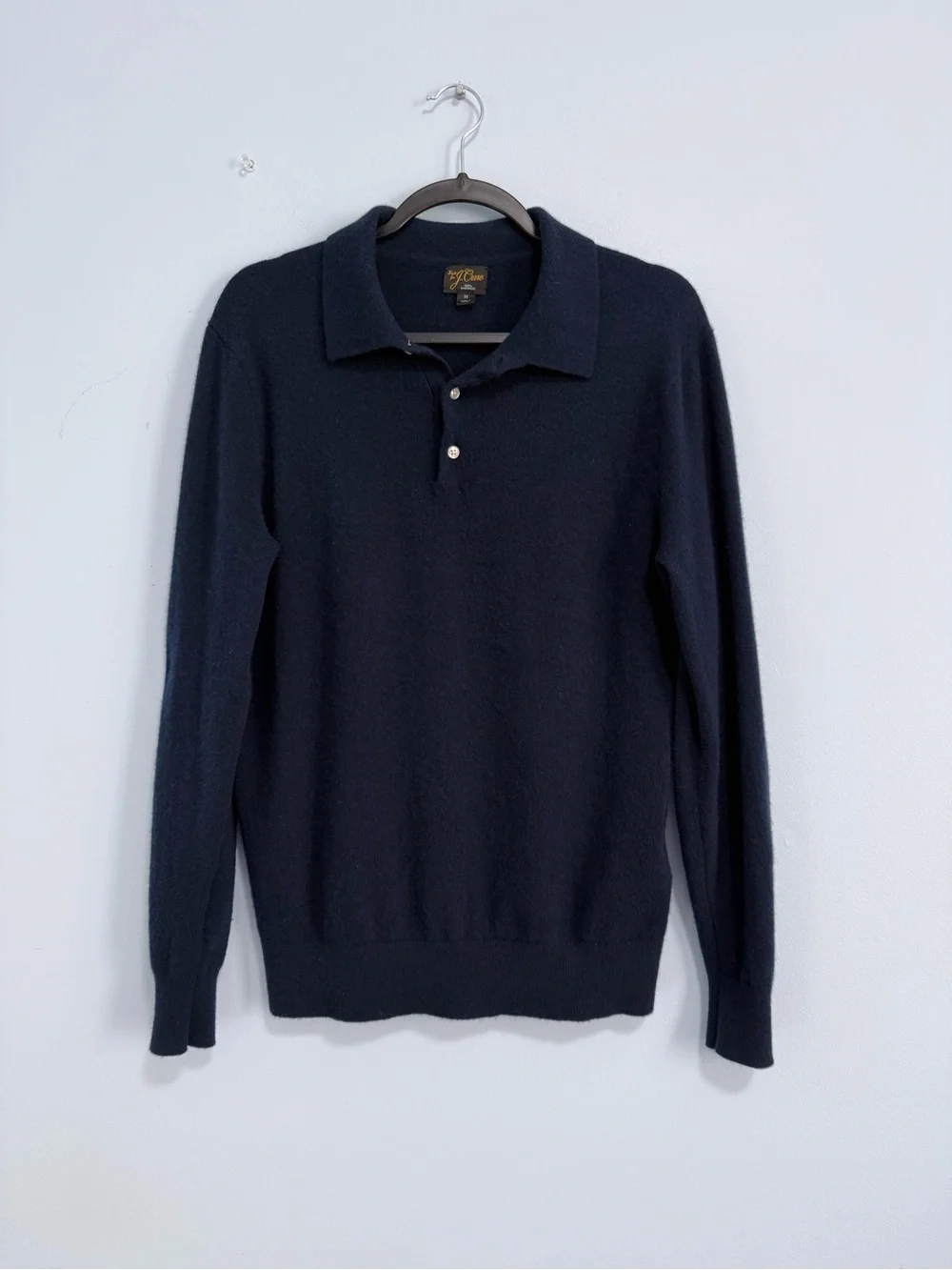 J.Crew Men’s 100% Cashmere Polo Sweater Size M Navy Blue Long Sleeve